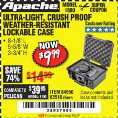 Harbor Freight Coupon APACHE 1800 WEATHERPROOF PROTECTIVE CASE Lot No. 64550/63518 Expired: 9/3/19 - $9.99