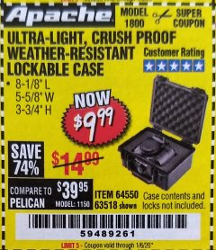 Harbor Freight Coupon APACHE 1800 WEATHERPROOF PROTECTIVE CASE Lot No. 64550/63518 Expired: 1/6/20 - $9.99