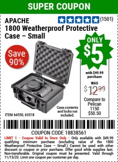 Harbor Freight Coupon APACHE 1800 WEATHERPROOF PROTECTIVE CASE Lot No. 64550/63518 Expired: 11/15/20 - $5