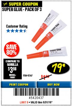 Harbor Freight Coupon SUPER GLUE PACK OF 3 Lot No. 42367 Expired: 8/31/18 - $0.79