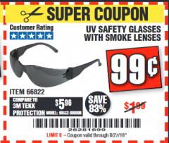 Harbor Freight Coupon UV SAFETY GLASSES WITH SMOKE LENSES Lot No. 66822 Expired: 8/27/18 - $0.99