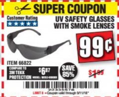 Harbor Freight Coupon UV SAFETY GLASSES WITH SMOKE LENSES Lot No. 66822 Expired: 9/11/18 - $0.99