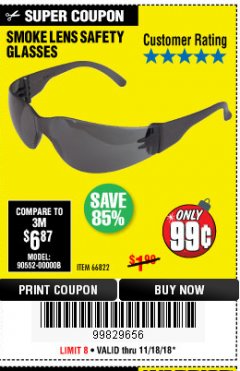 Harbor Freight Coupon UV SAFETY GLASSES WITH SMOKE LENSES Lot No. 66822 Expired: 11/18/18 - $0.99