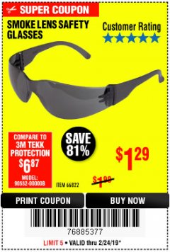 Harbor Freight Coupon UV SAFETY GLASSES WITH SMOKE LENSES Lot No. 66822 Expired: 2/24/19 - $1.29