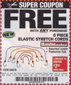 Harbor Freight FREE Coupon 6 PIECE ELASTIC STRETCH CORDS Lot No. 63979 Expired: 7/11/18 - FWP