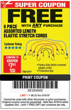Harbor Freight FREE Coupon 6 PIECE ELASTIC STRETCH CORDS Lot No. 63979 Expired: 9/16/18 - FWP