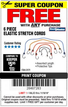 Harbor Freight FREE Coupon 6 PIECE ELASTIC STRETCH CORDS Lot No. 63979 Expired: 11/18/18 - FWP