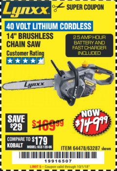 Harbor Freight Coupon LYNXX 40 VOLT LITHIUM 14" CORDLESS CHAIN SAW Lot No. 63287/64478 Expired: 10/1/18 - $149.99