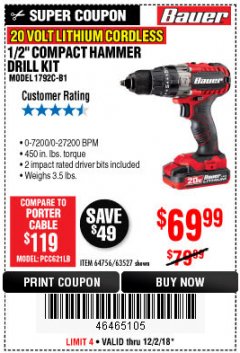 Harbor Freight Coupon BAUER 20 VOLT CORDLESS 1/2" COMPACT HAMMER DRILL KIT Lot No. 63527 Expired: 12/2/18 - $69.99