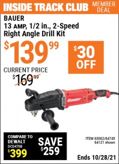 Harbor Freight ITC Coupon BAUER 1/2" HEAVY DUTY RIGHT ANGLE DRILL KIT Lot No. 63062/64121 Expired: 10/28/21 - $139.99