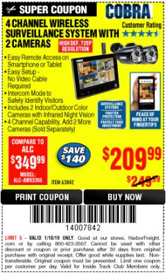 Harbor Freight ITC Coupon 4 CHANNEL WIRELESS SURVEILLANCE SYSTEM WITH 2 CAMERAS Lot No. 63842 Expired: 1/10/19 - $209.99