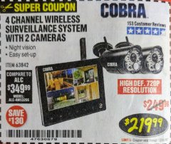 Harbor Freight Coupon 4 CHANNEL WIRELESS SURVEILLANCE SYSTEM WITH 2 CAMERAS Lot No. 63842 Expired: 12/31/18 - $219.99