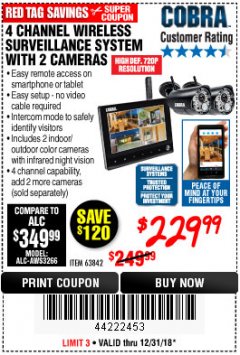 Harbor Freight Coupon 4 CHANNEL WIRELESS SURVEILLANCE SYSTEM WITH 2 CAMERAS Lot No. 63842 Expired: 12/31/18 - $229.99