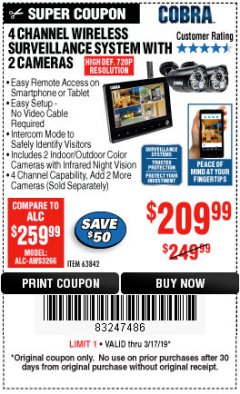Harbor Freight Coupon 4 CHANNEL WIRELESS SURVEILLANCE SYSTEM WITH 2 CAMERAS Lot No. 63842 Expired: 3/17/19 - $209.99