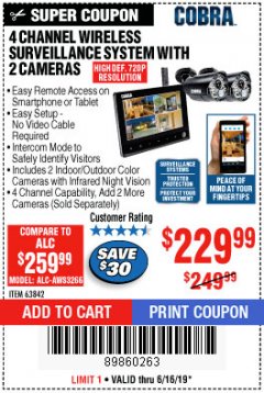 Harbor Freight Coupon 4 CHANNEL WIRELESS SURVEILLANCE SYSTEM WITH 2 CAMERAS Lot No. 63842 Expired: 6/16/19 - $229.99