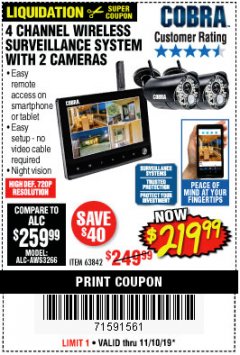 Harbor Freight Coupon 4 CHANNEL WIRELESS SURVEILLANCE SYSTEM WITH 2 CAMERAS Lot No. 63842 Expired: 11/10/19 - $219.99