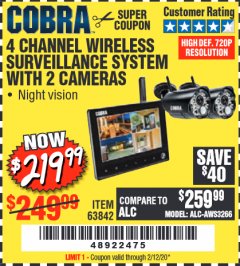 Harbor Freight Coupon 4 CHANNEL WIRELESS SURVEILLANCE SYSTEM WITH 2 CAMERAS Lot No. 63842 Expired: 2/12/20 - $219.99