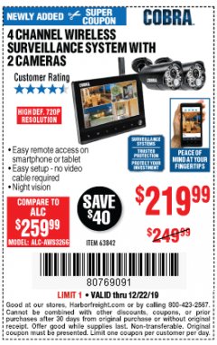 Harbor Freight Coupon 4 CHANNEL WIRELESS SURVEILLANCE SYSTEM WITH 2 CAMERAS Lot No. 63842 Expired: 12/22/19 - $219.99