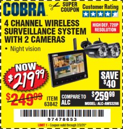 Harbor Freight Coupon 4 CHANNEL WIRELESS SURVEILLANCE SYSTEM WITH 2 CAMERAS Lot No. 63842 Expired: 2/3/20 - $219.99
