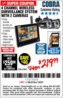 Harbor Freight Coupon 4 CHANNEL WIRELESS SURVEILLANCE SYSTEM WITH 2 CAMERAS Lot No. 63842 Expired: 1/6/20 - $219.99