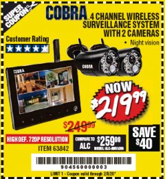 Harbor Freight Coupon 4 CHANNEL WIRELESS SURVEILLANCE SYSTEM WITH 2 CAMERAS Lot No. 63842 Expired: 2/8/20 - $219.99