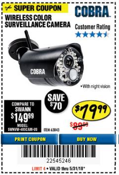Harbor Freight Coupon WIRELESS COLOR SURVEILLANCE CAMERA Lot No. 63843 Expired: 5/31/18 - $79.99