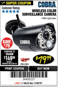 Harbor Freight Coupon WIRELESS COLOR SURVEILLANCE CAMERA Lot No. 63843 Expired: 11/30/18 - $79.99