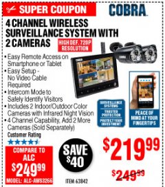Harbor Freight Coupon WIRELESS COLOR SURVEILLANCE CAMERA Lot No. 63843 Expired: 10/4/19 - $219.99
