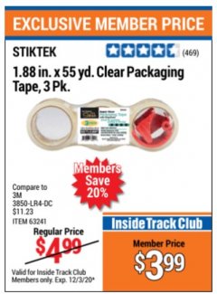 Harbor Freight ITC Coupon 1.88" X 55 YARD CLEAR PACKAGING TAPE PACK OF 3 Lot No. 63241 Expired: 12/3/20 - $3.99