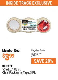 Harbor Freight ITC Coupon 1.88" X 55 YARD CLEAR PACKAGING TAPE PACK OF 3 Lot No. 63241 Expired: 7/29/21 - $3.99