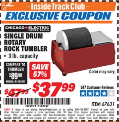 Harbor Freight ITC Coupon SINGLE DRUM ROTARY ROCK TUMBLER Lot No. 67631 Expired: 8/31/19 - $37.99