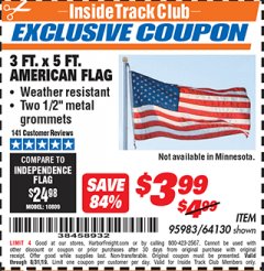 Harbor Freight ITC Coupon 3 FT. X 5 FT. AMERICAN FLAG  Lot No. 64130 Expired: 8/31/19 - $3.99