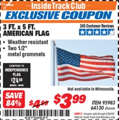Harbor Freight ITC Coupon 3 FT. X 5 FT. AMERICAN FLAG  Lot No. 64130 Expired: 2/29/20 - $3.99