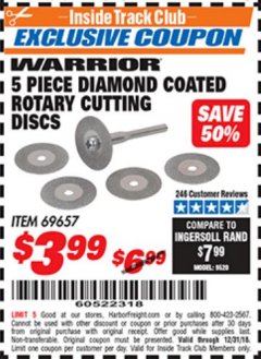 Harbor Freight ITC Coupon 5 PIECE DIAMOND COATED ROTARY CUTTING DISCS Lot No. 69657 Expired: 12/31/18 - $3.99