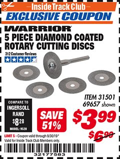 Harbor Freight ITC Coupon 5 PIECE DIAMOND COATED ROTARY CUTTING DISCS Lot No. 69657 Expired: 9/30/19 - $3.99