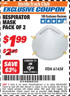 Harbor Freight ITC Coupon RESPIRATOR MASKS PACK OF 2 Lot No. 61438 Expired: 1/31/19 - $1.99
