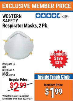 Harbor Freight ITC Coupon RESPIRATOR MASKS PACK OF 2 Lot No. 61438 Expired: 1/28/21 - $1.99