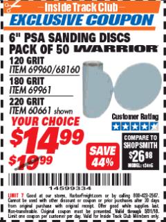 Harbor Freight ITC Coupon 6" PSA SANDING DISCS PACK OF 50 Lot No. 69961 Expired: 5/31/18 - $14.99