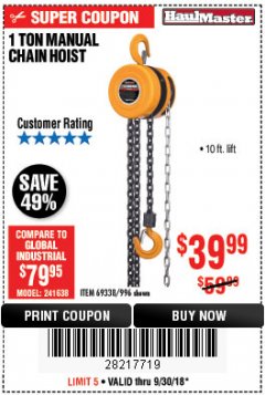 Harbor Freight Coupon 1 TON CHAIN HOIST Lot No. 69338/996 Expired: 9/30/18 - $39.99