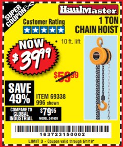 Harbor Freight Coupon 1 TON CHAIN HOIST Lot No. 69338/996 Expired: 6/1/19 - $39.99