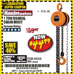 Harbor Freight Coupon 1 TON CHAIN HOIST Lot No. 69338/996 Expired: 6/30/20 - $44.99