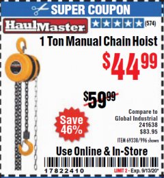 Harbor Freight Coupon 1 TON CHAIN HOIST Lot No. 69338/996 Expired: 9/13/20 - $44.99