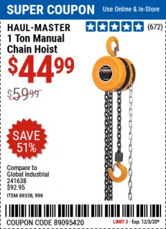 Harbor Freight Coupon 1 TON CHAIN HOIST Lot No. 69338/996 Expired: 12/3/20 - $44.99