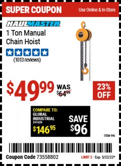 Harbor Freight Coupon 1 TON CHAIN HOIST Lot No. 69338/996 Expired: 5/22/22 - $49.99
