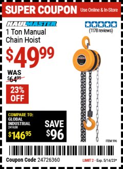 Harbor Freight Coupon 1 TON CHAIN HOIST Lot No. 69338/996 Expired: 5/14/23 - $49.99