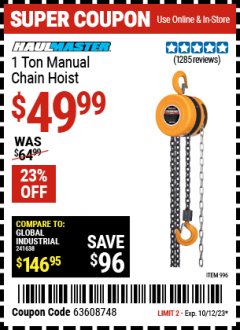 Harbor Freight Coupon 1 TON CHAIN HOIST Lot No. 69338/996 Expired: 10/12/23 - $49.99