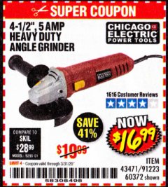 Harbor Freight Coupon 4-1/2" HEAVY DUTY ANGLE GRINDER Lot No. 91223/60372 Expired: 3/31/20 - $16.99
