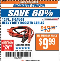 Harbor Freight ITC Coupon 12 FT., 8 GAUGE HEAVY DUTY BOOSTER CABLES Lot No. 69295/61225 Expired: 10/2/18 - $9.99