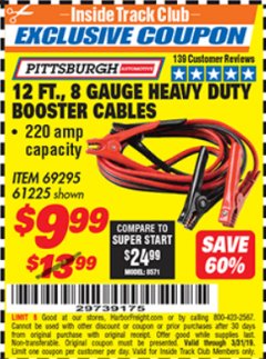 Harbor Freight ITC Coupon 12 FT., 8 GAUGE HEAVY DUTY BOOSTER CABLES Lot No. 69295/61225 Expired: 3/31/19 - $9.99