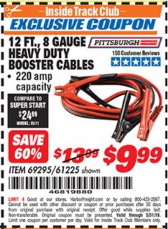 Harbor Freight ITC Coupon 12 FT., 8 GAUGE HEAVY DUTY BOOSTER CABLES Lot No. 69295/61225 Expired: 5/31/19 - $9.99